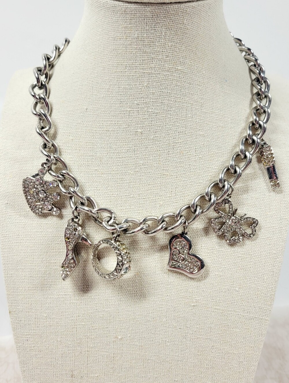 Chunky Silver Charm Choker With Rhinestone Charms 13.5 In